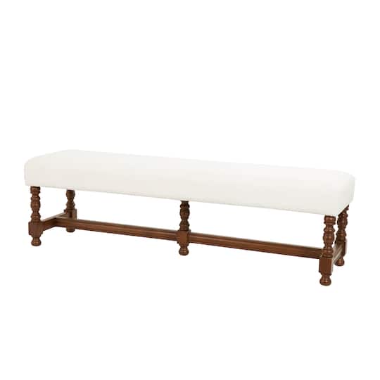 59" Cream Fabric Bench with Brown Traditional Wood Turned Legs